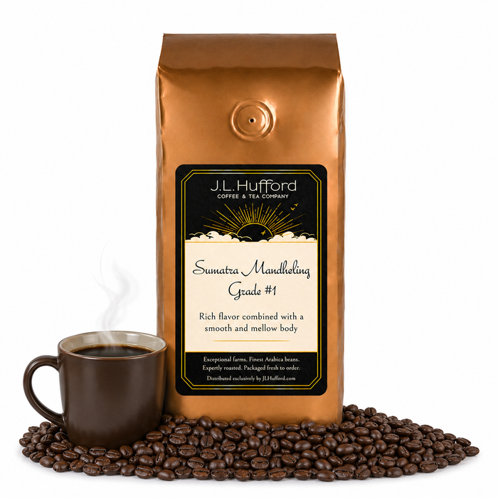 1 lb J.L. Hufford Sumatra Mandheling Grade #1 coffee bag with coffee beans and a mug of coffee on a white background