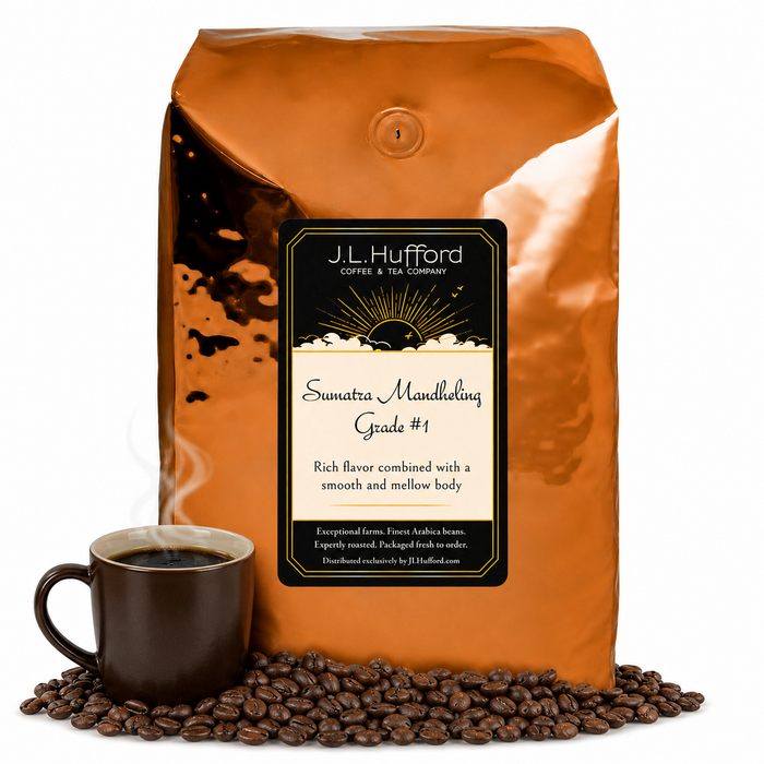 5 lb J.L. Hufford Sumatra Mandheling Grade #1 coffee bag with coffee beans and a mug of coffee on a white background