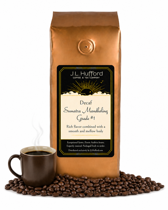 1 lb J.L. Hufford Decaf Sumatra Mandheling Grade #1 coffee bag with coffee beans and a mug of coffee on a white background