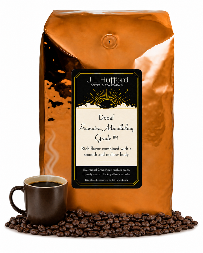 5 lb J.L. Hufford Decaf Sumatra Mandheling Grade #1 coffee bag with coffee beans and a mug of coffee on a white background