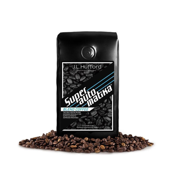 .5 lb J.L. Hufford Superautomatika Blend Coffee bag with coffee beans in front displayed on a white background