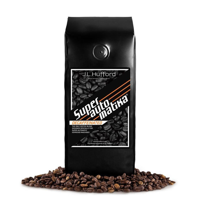 1 lb decaf J.L. Hufford Superautomatika Blend Coffee bag with coffee beans in front displayed on a white background