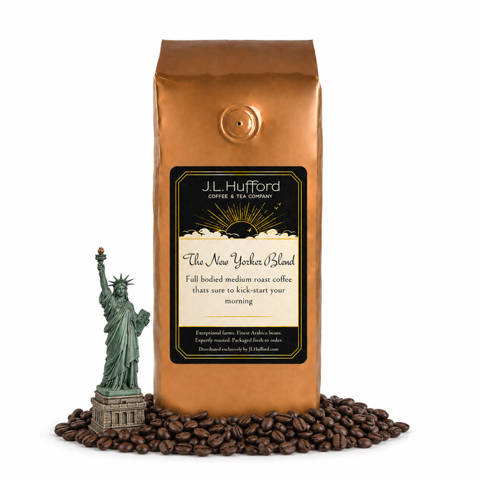 1 lb J.L. Hufford The New Yorker Blend coffee bag with coffee beans and statue of liberty on a white background