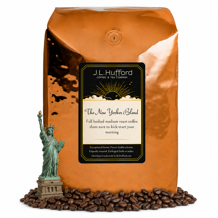 5 lb J.L. Hufford The New Yorker Blend coffee bag with coffee beans and statue of liberty on a white background