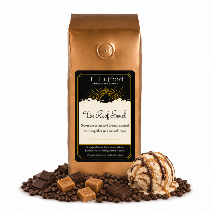 1 lb J.L. Hufford Tin Roof Swirl Coffee with coffee beans, chocolate bars, caramel blocks, and ice cream with drizzled fudge and caramel in front displayed on a white background