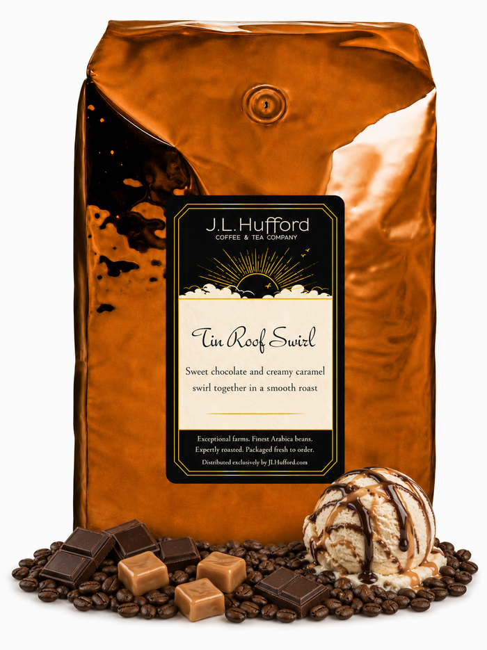 5 lb J.L. Hufford Tin Roof Swirl Coffee with coffee beans, chocolate bars, caramel blocks, and ice cream with drizzled fudge and caramel in front displayed on a white background