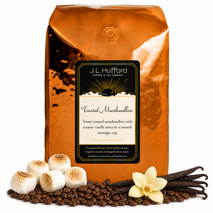 5 lb Toasted Marshmallow coffee beans bag with coffee beans, toasted marshmallows, and vanilla sticks in front displayed on a white background