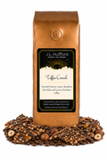 1 lb J.L. Hufford Toffee Crunch coffee bag with coffee beans, hazelnuts, and toffee bark with drizzled chocolate on a white background
