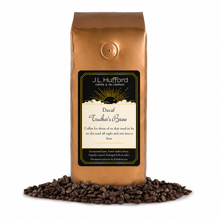 1 lb J.L. Hufford Decaf Trucker's Brew coffee bag with coffee beans on a white background
