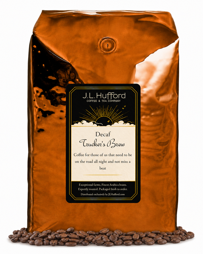 5 lb J.L. Hufford Decaf Trucker's Brew coffee bag with coffee beans on a white background