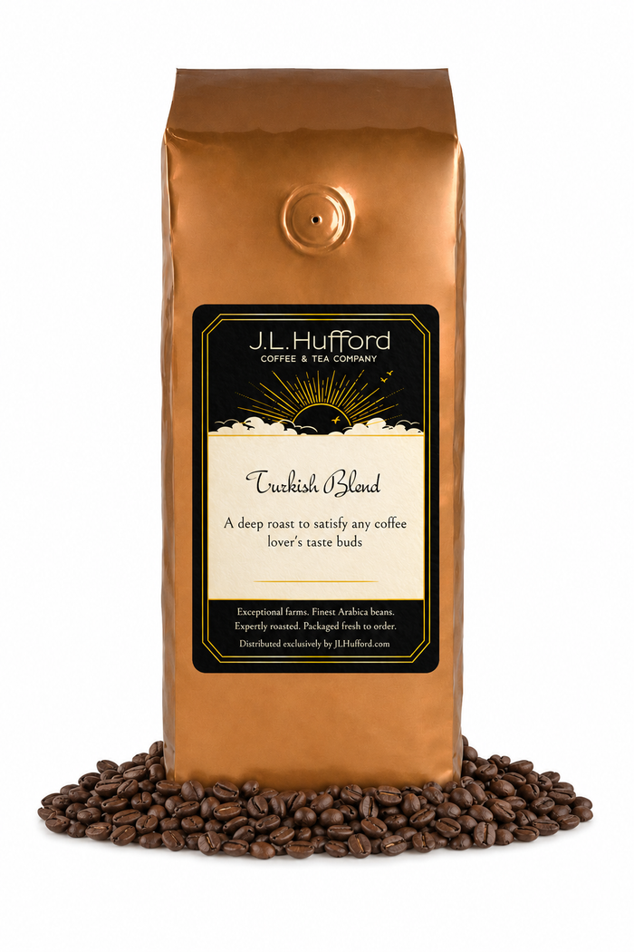 1 lb J.L. Hufford Turkish Blend coffee bag with coffee beans on a white background