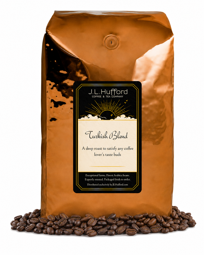 5 lb J.L. Hufford Turkish Blend coffee bag with coffee beans on a white background