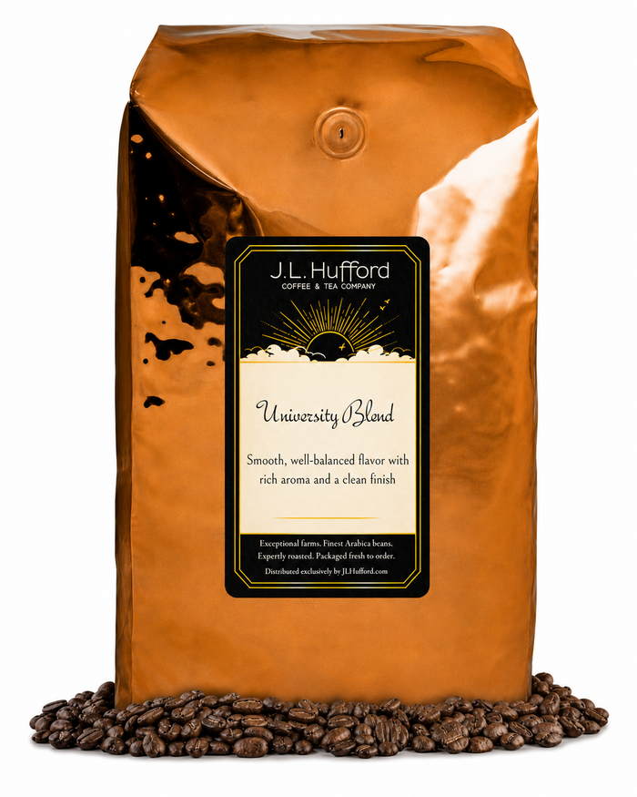 5 lb J.L. Hufford University Blend coffee bag with coffee beans on a white background