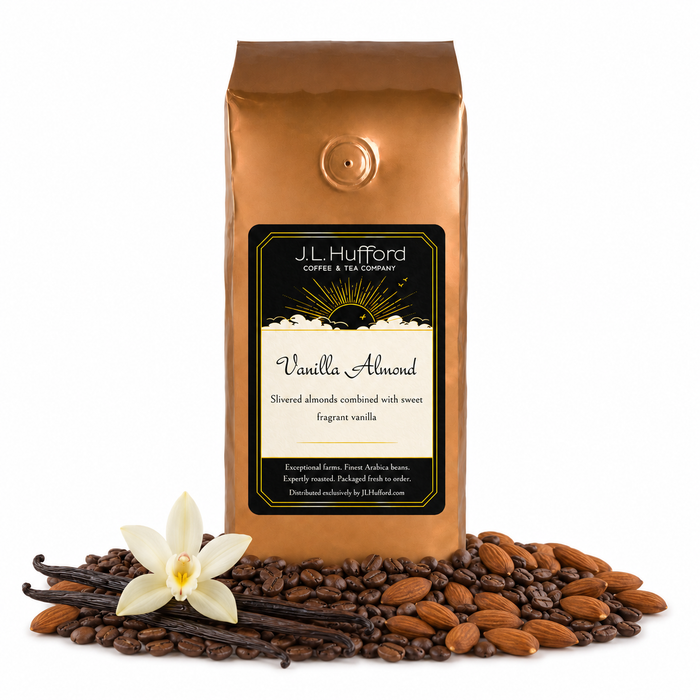 1 lb J.L. Hufford Vanilla Almond coffee bag with coffee beans, vanilla sticks, and almonds on a white background