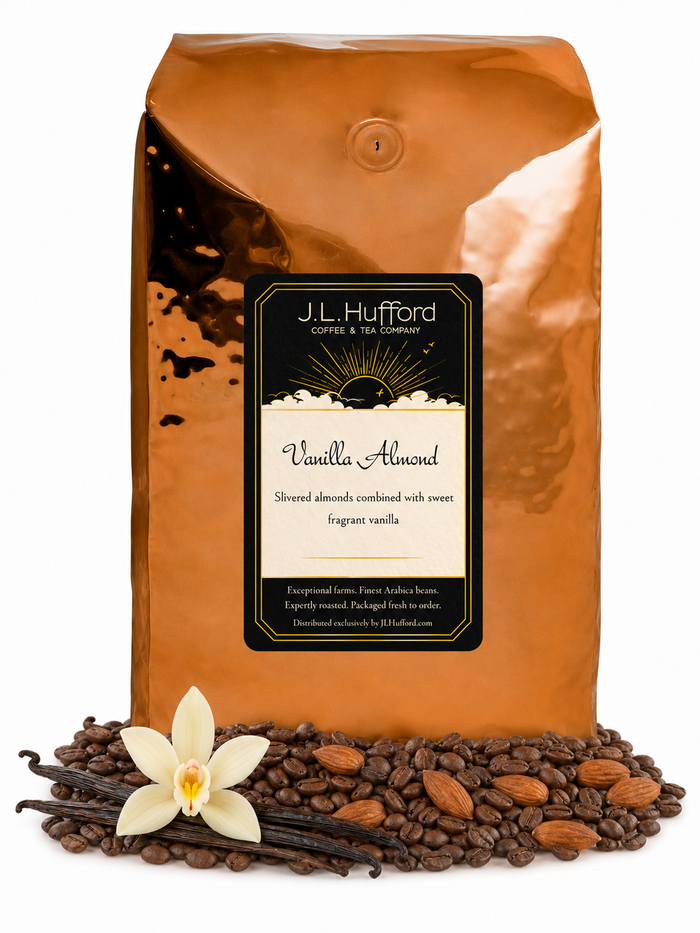 5 lb J.L. Hufford Vanilla Almond coffee bag with coffee beans, vanilla sticks, and almonds on a white background