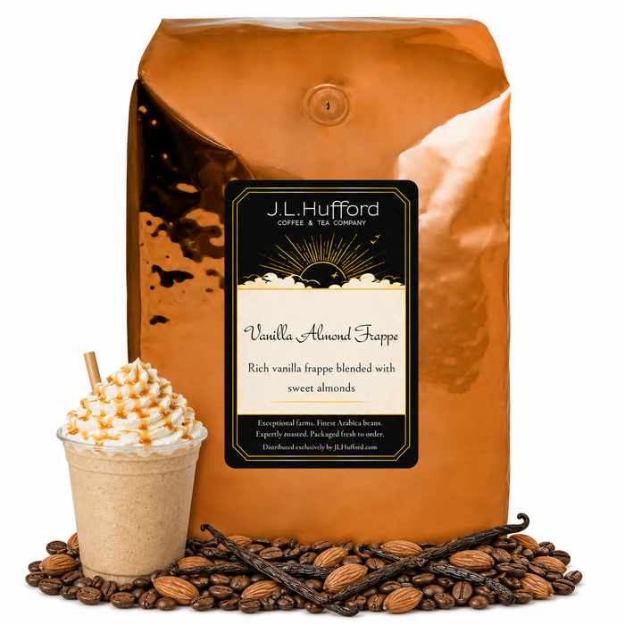 5 lb J.L. Hufford Vanilla Almond Frappe coffee bag with coffee beans, almonds, vanilla sticks, and frappe on a white background