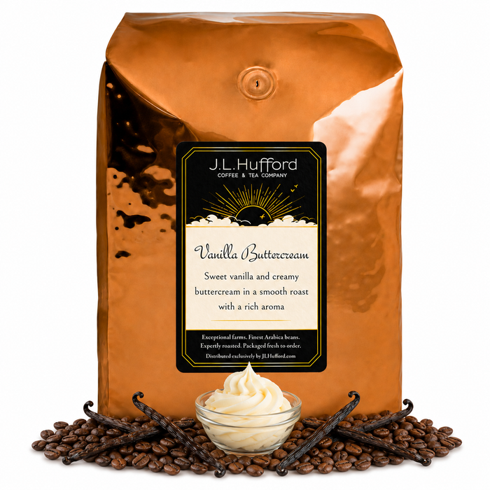5 lb J.L. Hufford Vanilla Buttercream coffee bag with coffee beans, vanilla sticks, and bowl of buttercream on a white background
