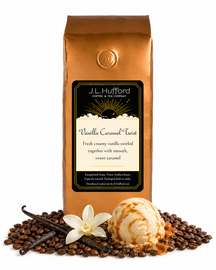 1 lb J.L. Hufford Vanilla Caramel Twist coffee bag with coffee beans, vanilla sticks, and vanilla caramel twist ice cream on a white background