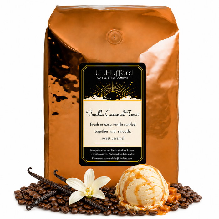 5 lb J.L. Hufford Vanilla Caramel Twist coffee bag with coffee beans, vanilla sticks, and vanilla caramel twist ice cream on a white background