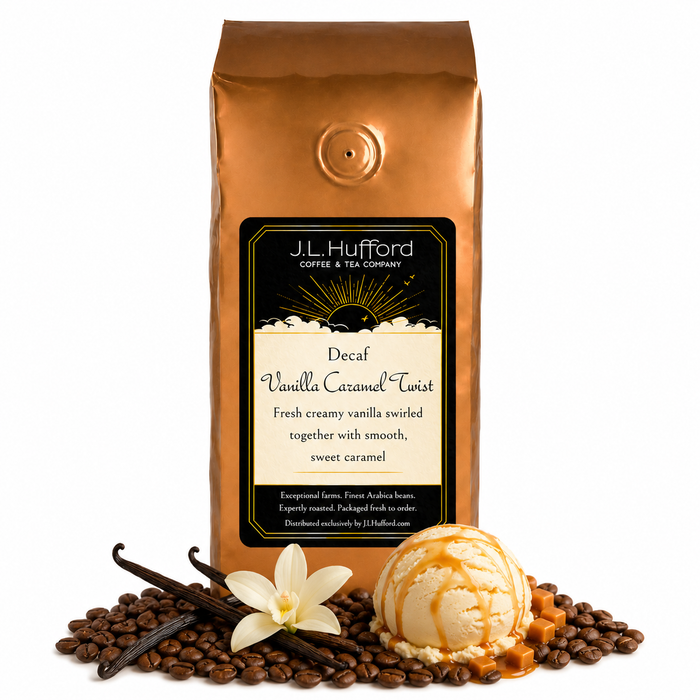 1 lb J.L. Hufford Decaf Vanilla Caramel Twist coffee bag with coffee beans, vanilla sticks, and vanilla caramel twist ice cream on a white background