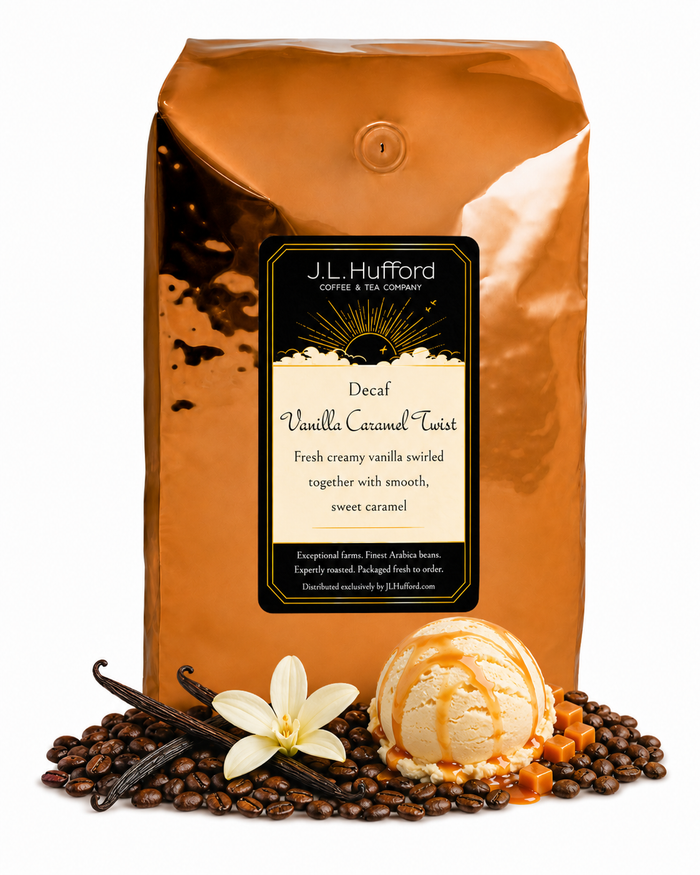 5 lb J.L. Hufford Decaf Vanilla Caramel Twist coffee bag with coffee beans, vanilla sticks, and vanilla caramel twist ice cream on a white background