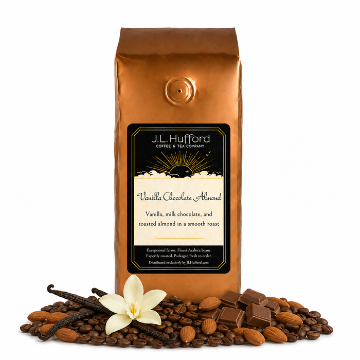 1 lb J.L. Hufford Vanilla Chocolate Almond coffee bag with coffee beans, vanilla sticks, almonds, milk chocolate on a white background