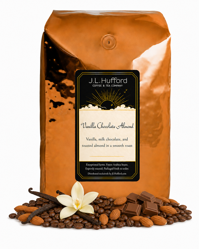 5 lb J.L. Hufford Vanilla Chocolate Almond coffee bag with coffee beans, vanilla sticks, almonds, milk chocolate on a white background