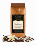 1 lb J.L. Hufford Vanilla Colada coffee bag with coffee beans, vanilla sticks, and coconut shavings on a white background