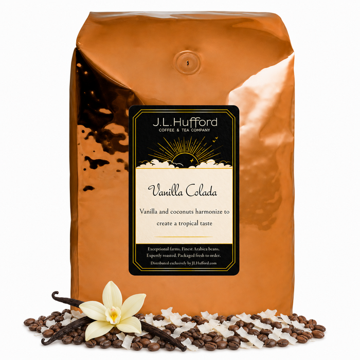 5 lb J.L. Hufford Vanilla Colada coffee bag with coffee beans, vanilla sticks, and coconut shavings on a white background