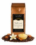 1 lb J.L. Hufford Vanilla Custard coffee bag with coffee beans, vanilla sticks, blocks of caramel, and vanilla custard on a white background
