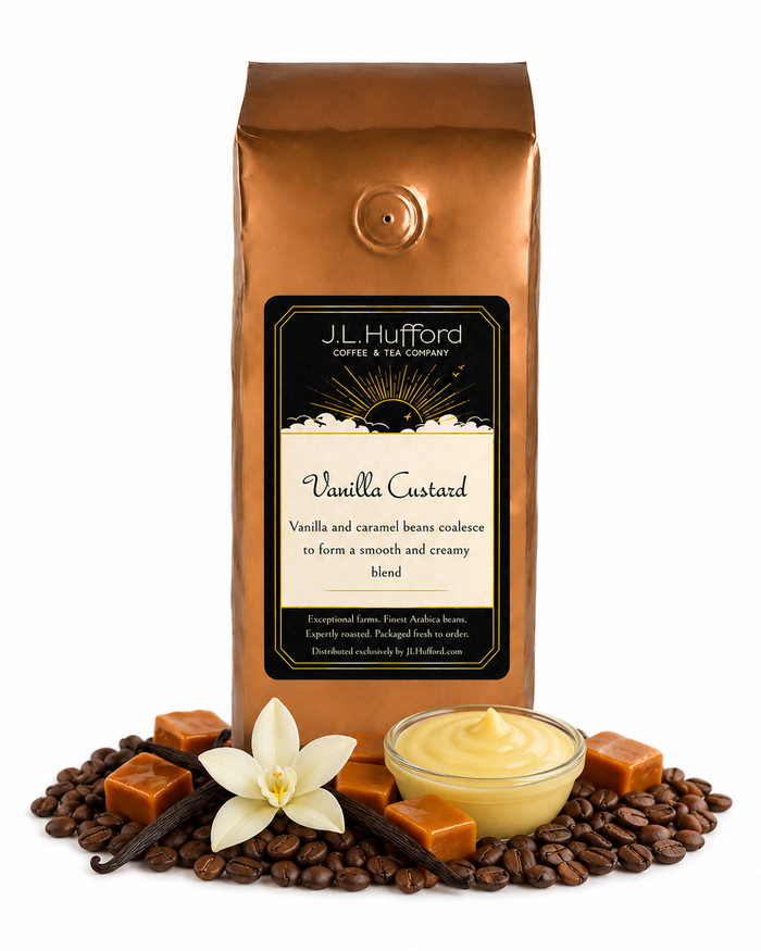1 lb J.L. Hufford Vanilla Custard coffee bag with coffee beans, vanilla sticks, blocks of caramel, and vanilla custard on a white background