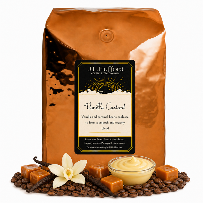 5 lb J.L. Hufford Vanilla Custard coffee bag with coffee beans, vanilla sticks, blocks of caramel, and vanilla custard on a white background