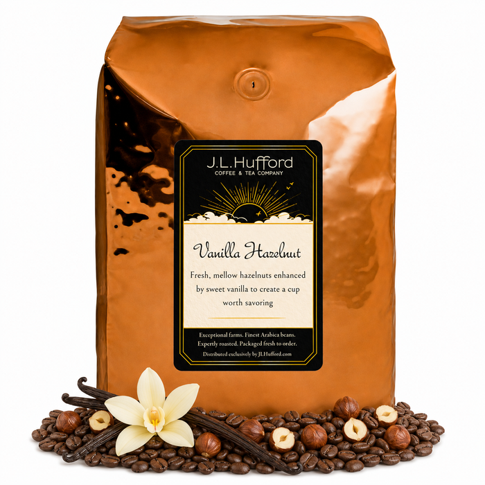 5 lb J.L. Hufford Vanilla Hazelnut coffee bag with coffee beans, vanilla sticks, and hazelnuts on a white background