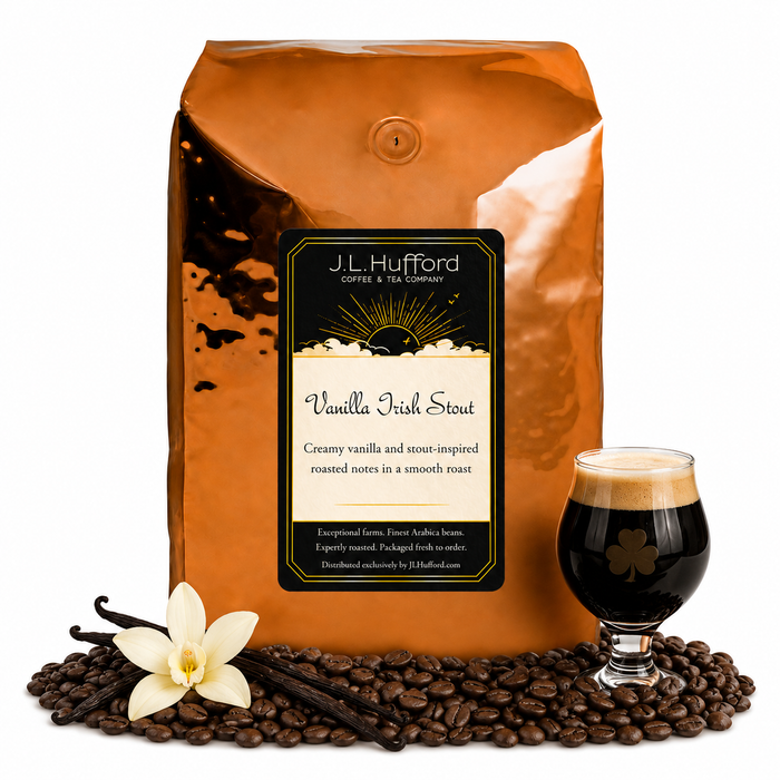 5 lb J.L. Hufford Vanilla Irish Stout coffee bag with coffee beans, vanilla sticks, and a glass of Irish Stout on a white background