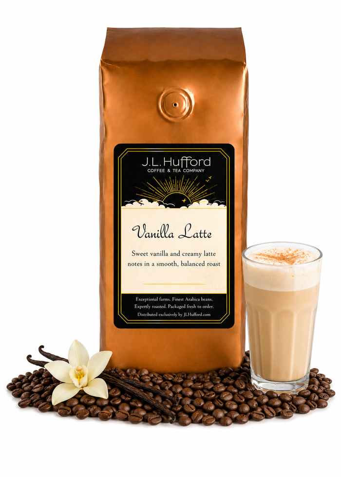 1 lb J.L. Hufford Vanilla Latte coffee bag with coffee beans, vanilla sticks, and a glass of vanilla latte on a white background