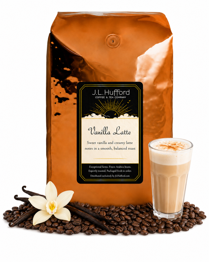 5 lb J.L. Hufford Vanilla Latte coffee bag with coffee beans, vanilla sticks, and a glass of vanilla latte on a white background
