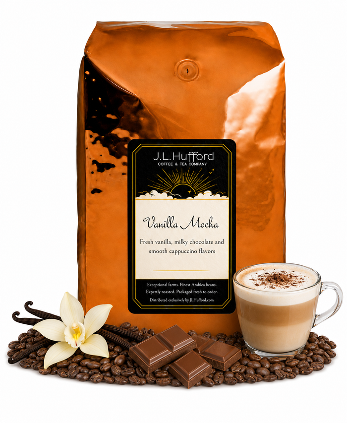 5 lb J.L. Hufford Vanilla Mocha coffee bag with coffee beans, vanilla sticks, milk chocolate, and a glass of a cappuccino on a white background