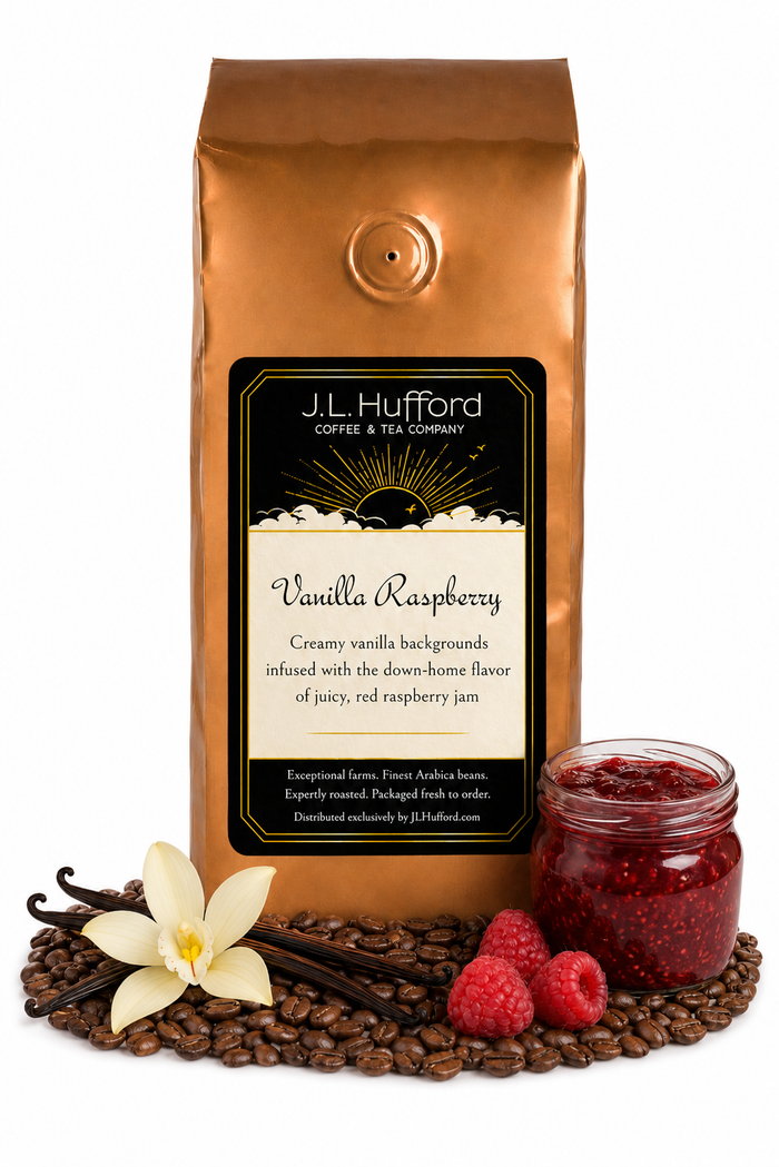 1 lb J.L. Hufford Vanilla Raspberry coffee bag with coffee beans, vanilla sticks, raspberries, and raspberry jam on a white background
