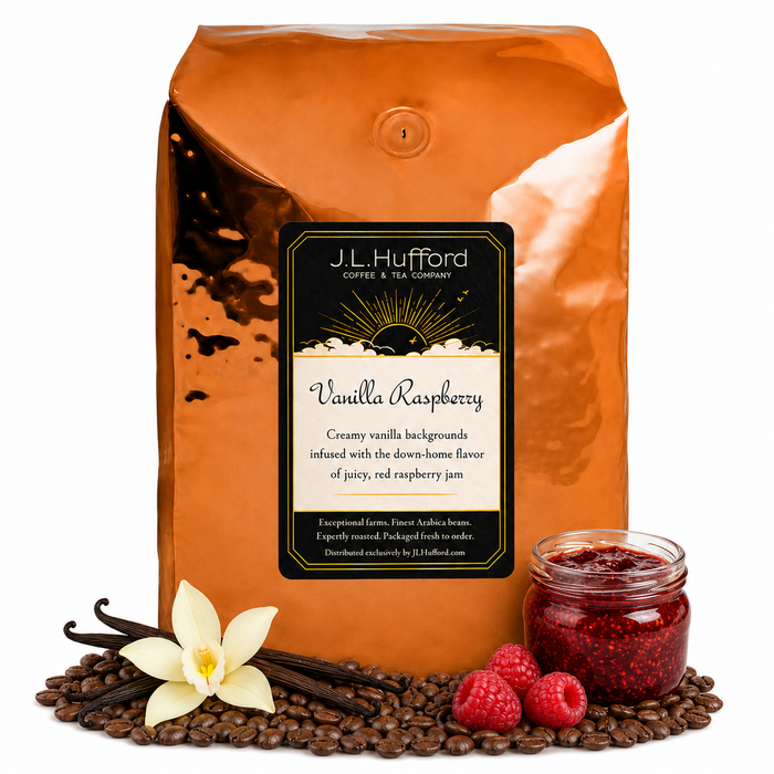 5 lb J.L. Hufford Vanilla Raspberry coffee bag with coffee beans, vanilla sticks, raspberries, and raspberry jam on a white background