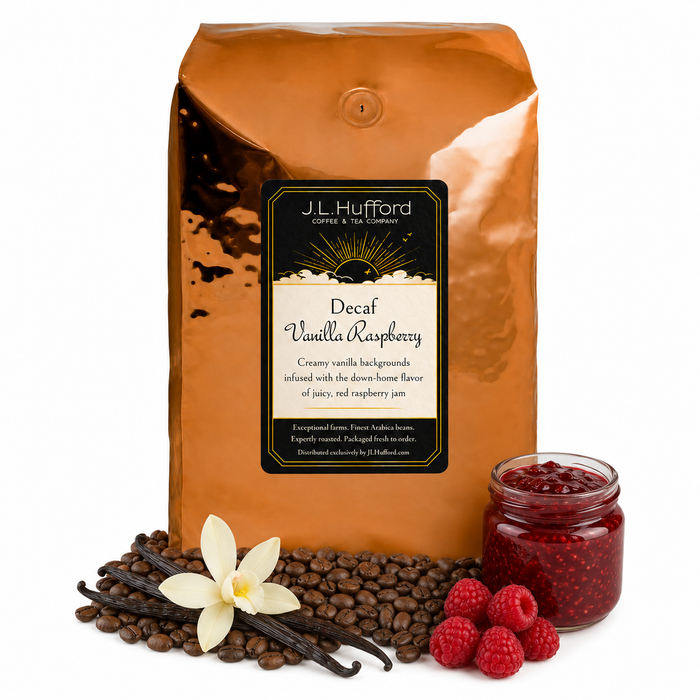 5 lb J.L. Hufford Decaf Vanilla Raspberry coffee bag with coffee beans, vanilla sticks, raspberries, and raspberry jam on a white background