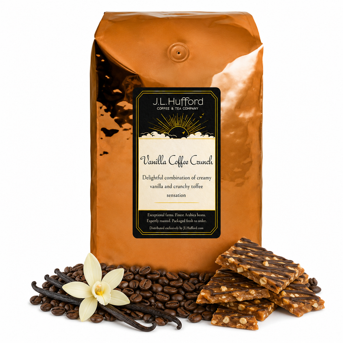 5 lb J.L. Hufford Vanilla Coffee Crunch coffee bag with coffee beans, vanilla sticks, and toffee bark on a white background