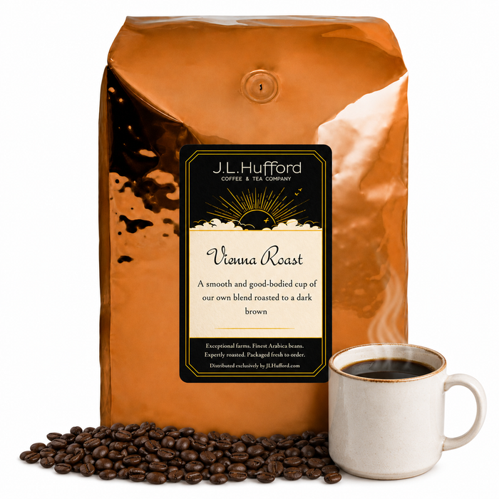 5 lb J.L. Hufford Vienna Roast coffee bag with coffee beans and mug of coffee on a white background