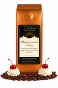 1 lb J.L. Hufford Whipped Cream with a Cherry coffee bag with coffee beans and whipped cream with a cherry on top on a white background