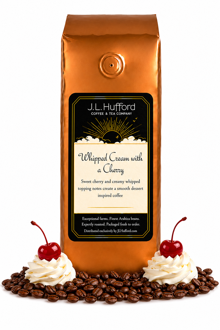 1 lb J.L. Hufford Whipped Cream with a Cherry coffee bag with coffee beans and whipped cream with a cherry on top on a white background