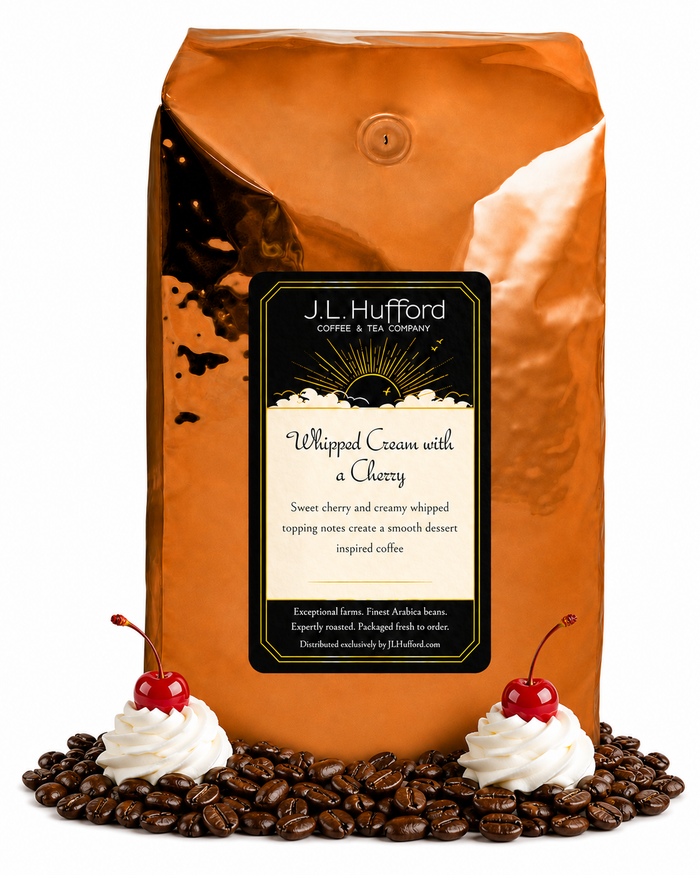 5 lb J.L. Hufford Whipped Cream with a Cherry coffee bag with coffee beans and whipped cream with a cherry on top on a white background