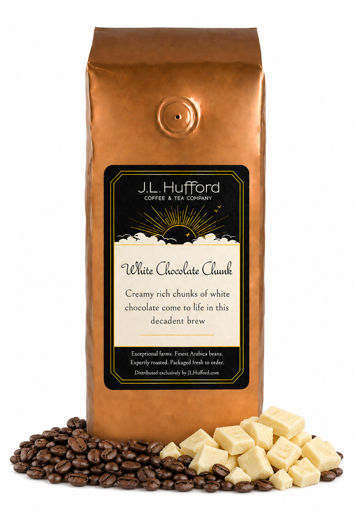 1 lb J.L. Hufford White Chocolate Chunk coffee bag with coffee beans and white chocolate chunks on a white background
