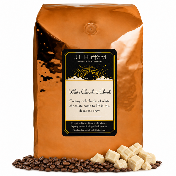 5 lb J.L. Hufford White Chocolate Chunk coffee bag with coffee beans and white chocolate chunks on a white background