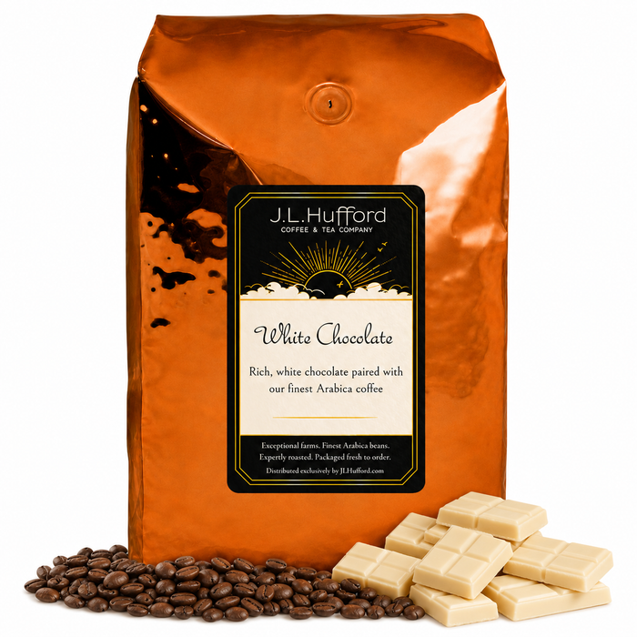 5 lb J.L. Hufford White Chocolate coffee bag with coffee beans and white chocolate bars on a white background