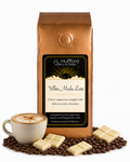 1 lb White Mocha Latte coffee beans bag with coffee beans, white chocolate bars, and a mug of cappuccino in front displayed on a white background