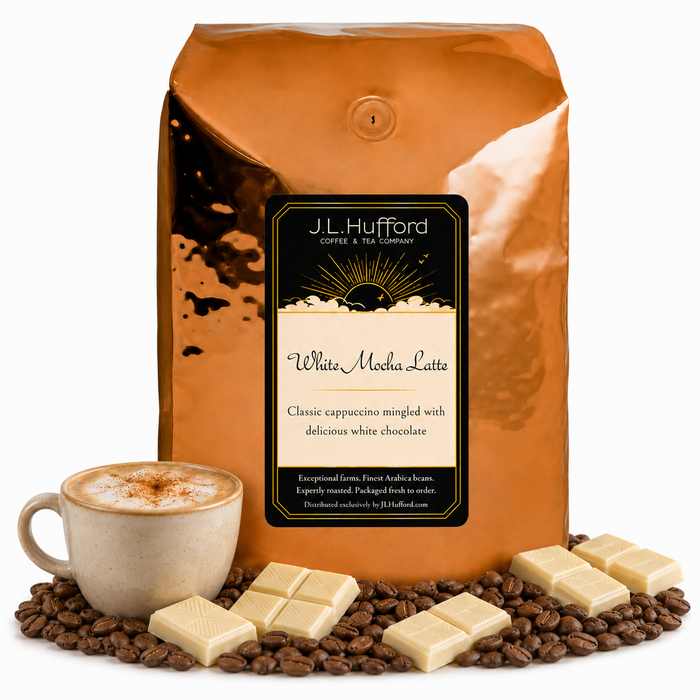 5 lb White Mocha Latte coffee beans bag with coffee beans, white chocolate bars, and a mug of cappuccino in front displayed on a white background